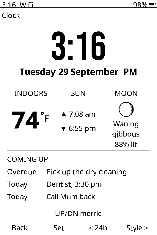 Clock app with indoor temperature, sunrise and sunset, the moon and what's coming up
