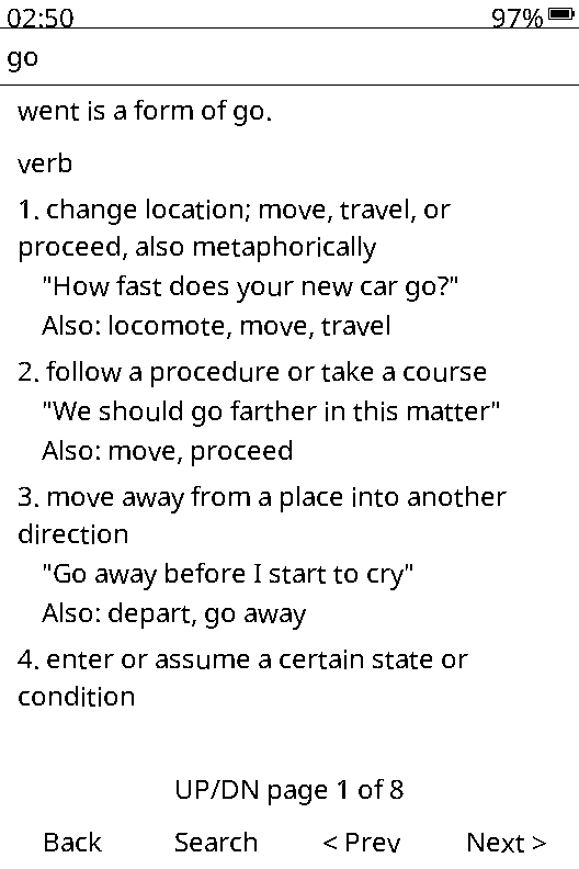 Dictionary entry for go, found by searching for went