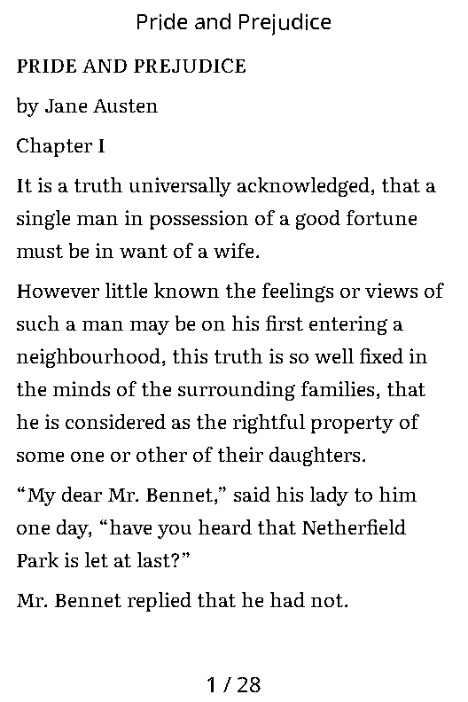 eOctavo reader showing the first page of Pride and Prejudice